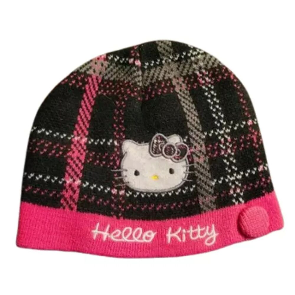 T9  Vintage Hello Kitty Black, Pink And White Plaid Y2K Beanie/Hat